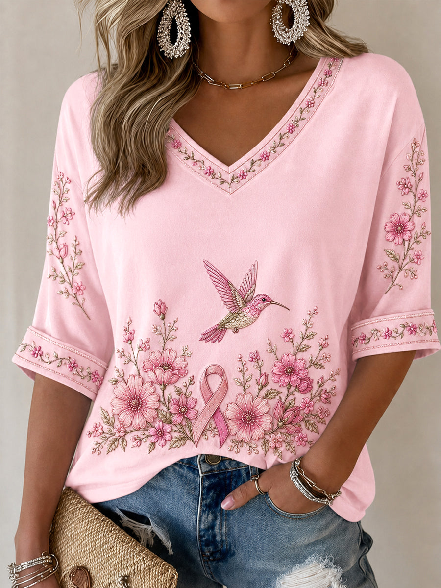 Women's Pink Floral & Hummingbird Print Breast Cancer Awareness Support Half-Sleeves V-Neck T-Shirt
