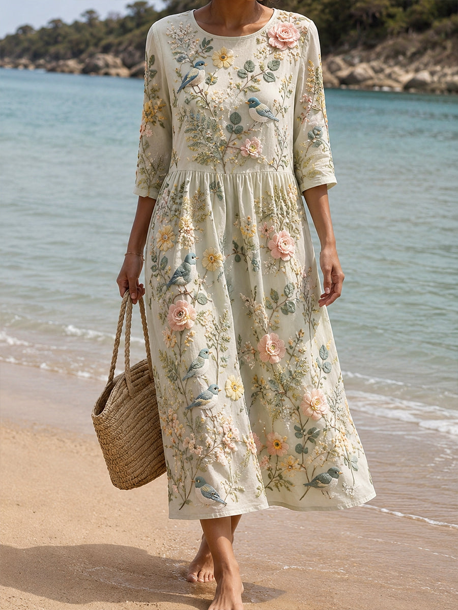 Women's Retro Floral Art Print Cotton Linen Comfortable Casual Dress