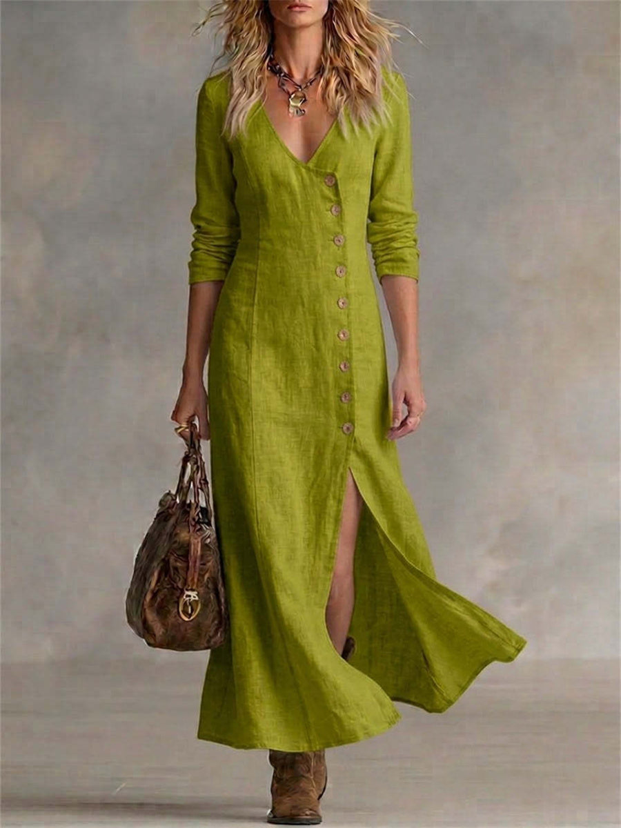 Women's Vintage Classy Side Buttons Slit Bottom Flowy Maxi Dress