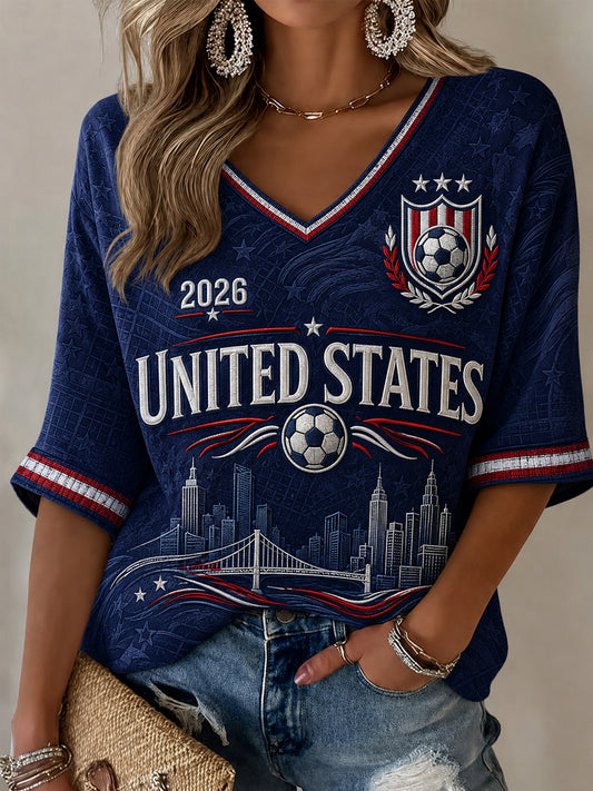 Women's Gift For Soccer Fans Print  Mid-length Sleeves V-Neck T-Shirt
