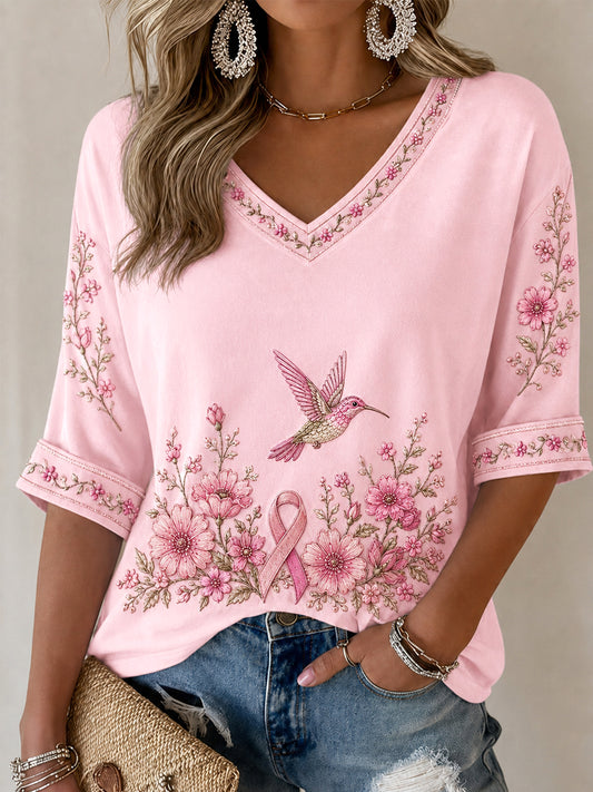 Women's Pink Floral & Hummingbird Print Breast Cancer Awareness Support Half-Sleeves V-Neck T-Shirt