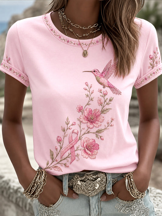 Women's Pink Floral & Hummingbird Print Breast Cancer Awareness Support Tee