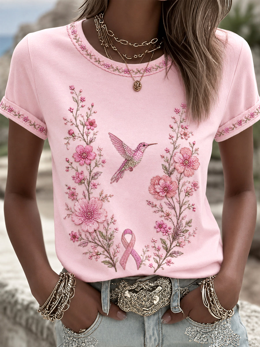 Women's Pink Floral & Hummingbird Print Breast Cancer Awareness Support Tee