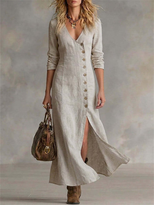 Women's Vintage Classy Side Buttons Slit Bottom Flowy Maxi Dress