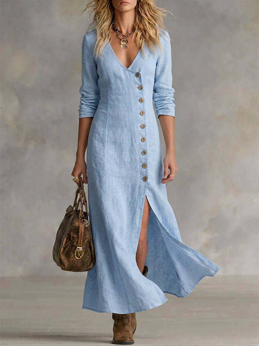Women's Vintage Classy Side Buttons Slit Bottom Flowy Maxi Dress