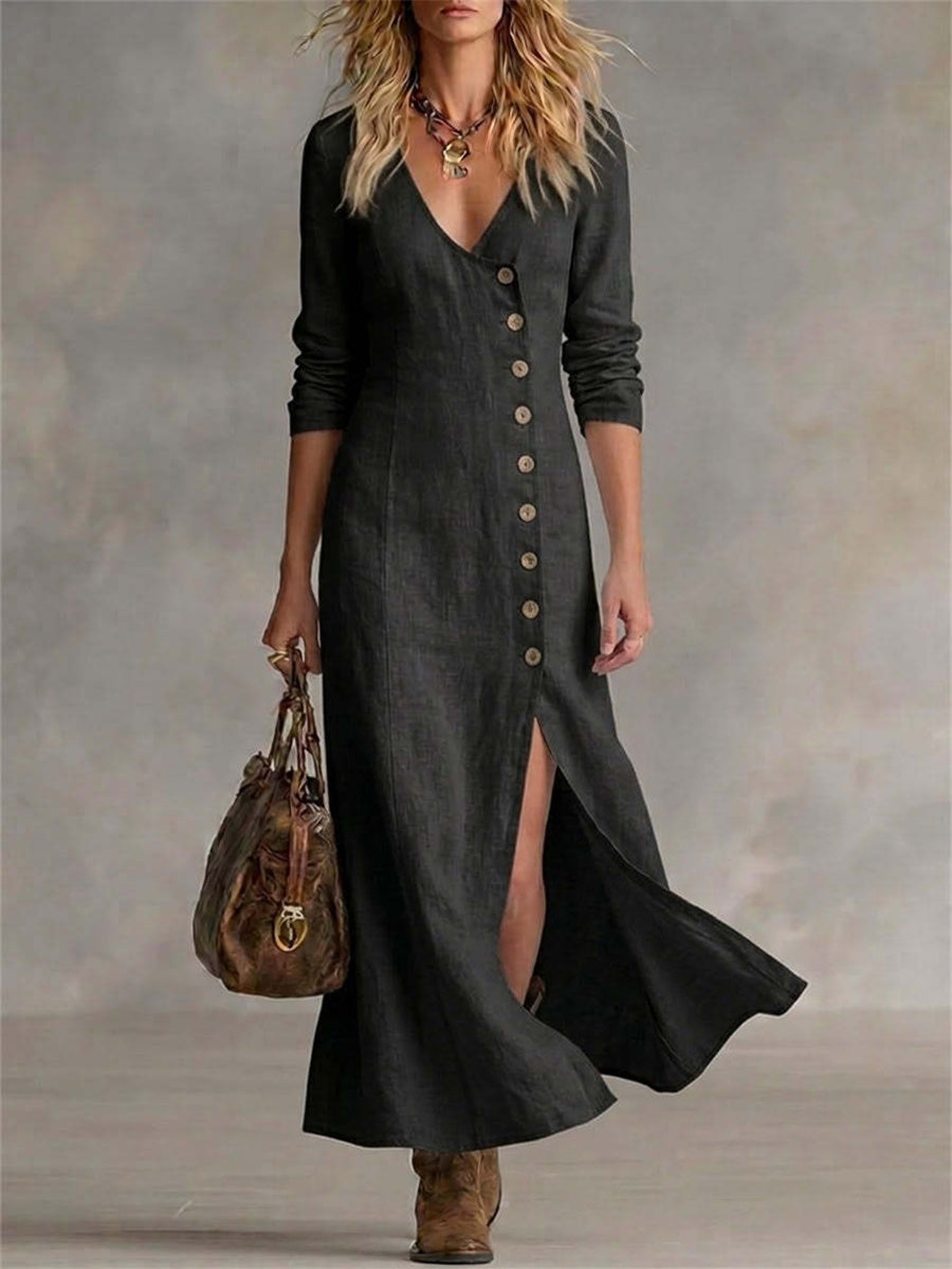 Women's Vintage Classy Side Buttons Slit Bottom Flowy Maxi Dress