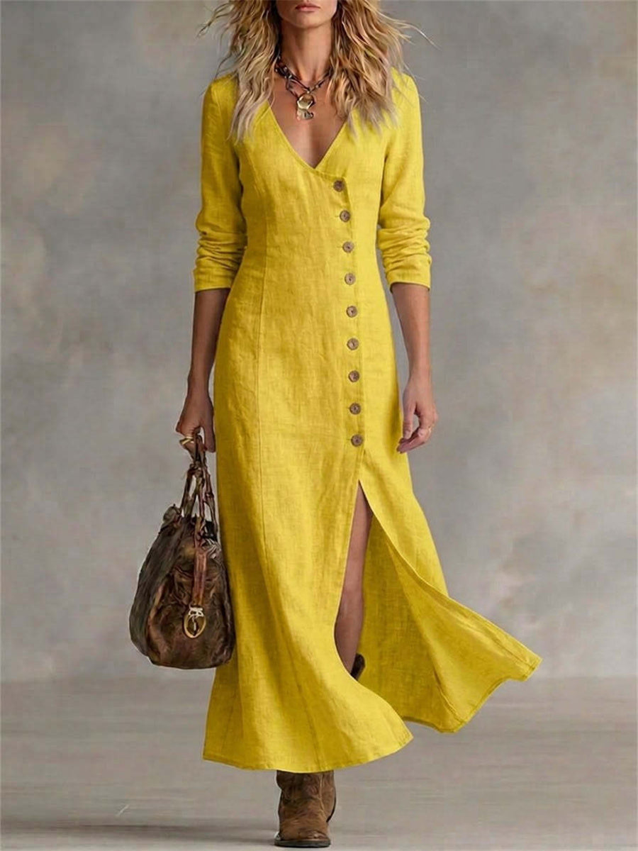 Women's Vintage Classy Side Buttons Slit Bottom Flowy Maxi Dress
