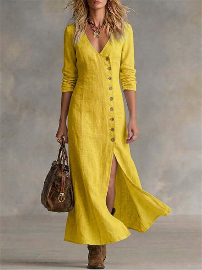 Women's Vintage Classy Side Buttons Slit Bottom Flowy Maxi Dress