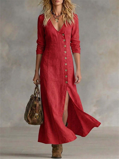 Women's Vintage Classy Side Buttons Slit Bottom Flowy Maxi Dress