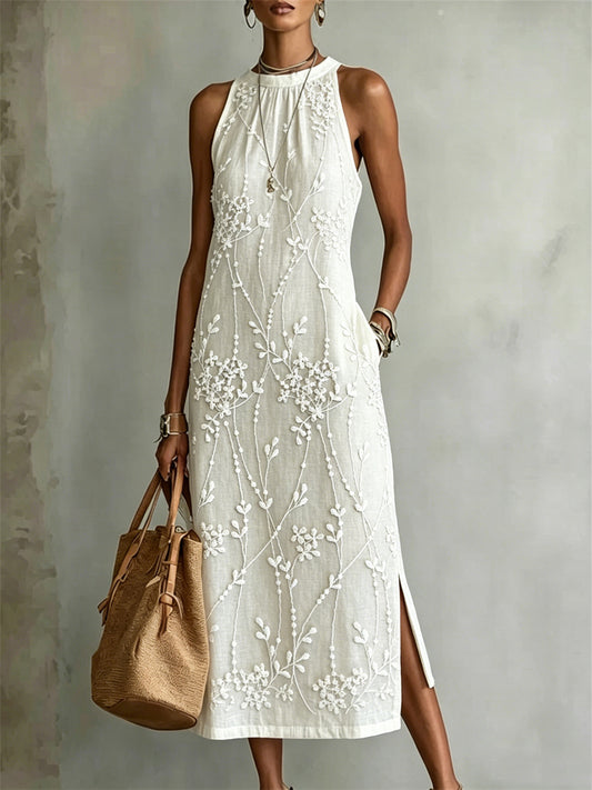 Women's Classy Floral Vines Art Print Side Slit Linen Maxi Dress