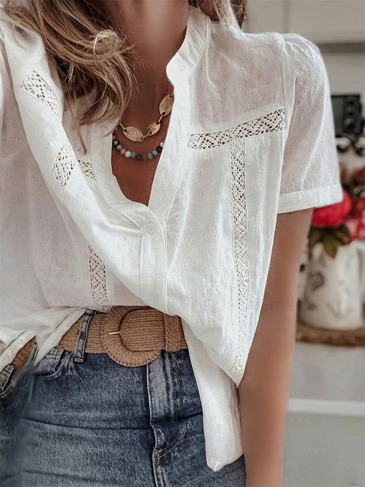 Women's French Style Hollow Lace Casual short-sleeved Shirt