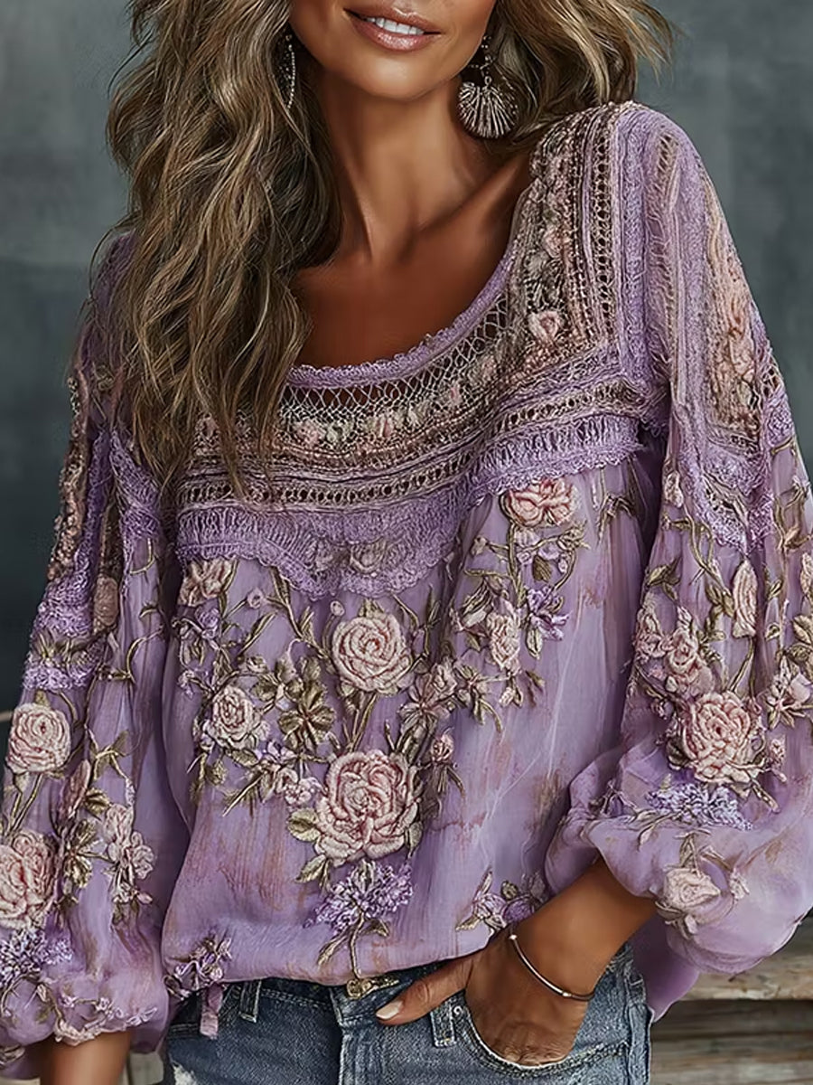 Women's Retro Floral Art Print Cotton Linen Comfortable Casual Top