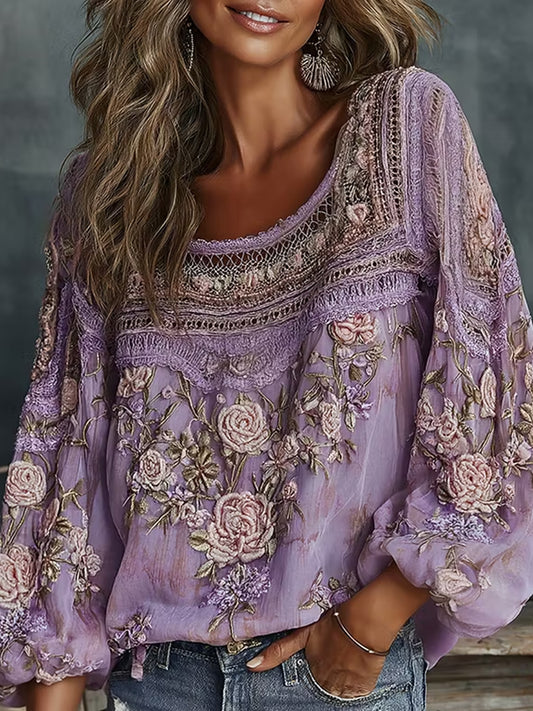 Women's Retro Floral Art Print Cotton Linen Comfortable Casual Top