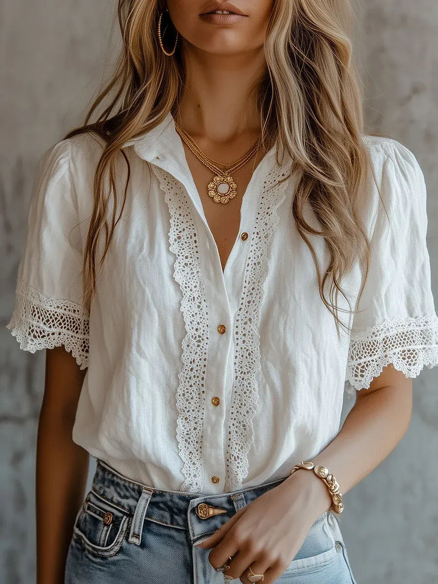 Women's Vintage Lace Trim Comfy short-sleeved Shirt