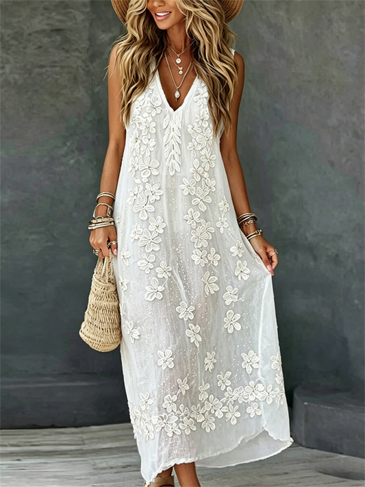 Women's Classy Boho Floral Art Print Sleeveless Flowy Maxi Dress