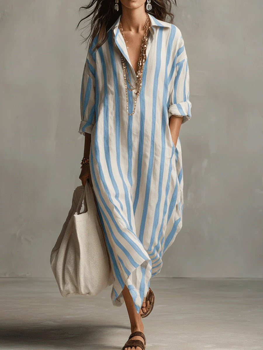 Women’s Vacation Bohemian Striped Long-Sleeve Shirt Dress
