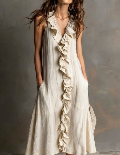 Women’S Sleeveless Cotton-Linen V-Neck Large-Skirt Hibiscus-Edge Dress