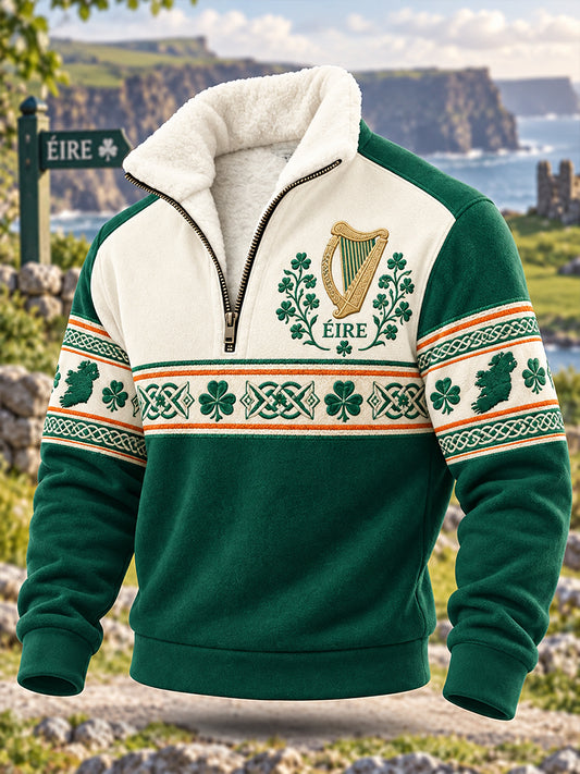 Men's Irish Patriotic Commemorative Fleece-Lined Stand-Collar Half-Zip Sweatshirt