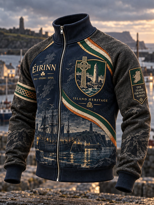 Men's Irish Patriotic Commemorative Stand-Collar Zip-Up Jacket