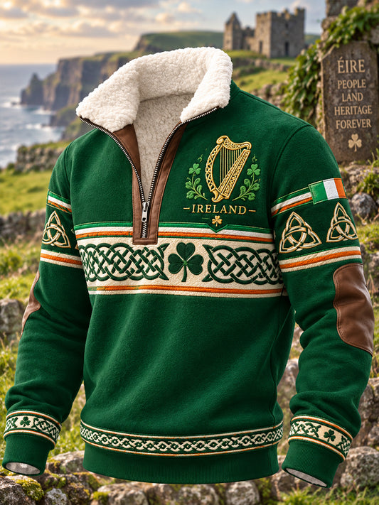 Men's Irish Patriotic Commemorative Fleece-Lined Stand-Collar Half-Zip Sweatshirt